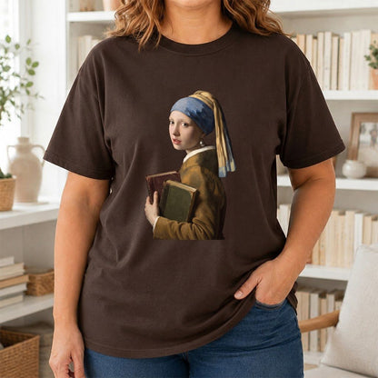Bookish Girl with a Pearl Earring Printed T-Shirt | Reader Gift Dark Chocolate