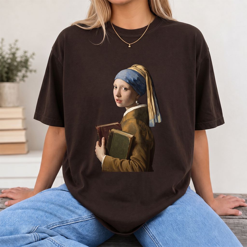 Bookish Girl with a Pearl Earring Printed T-Shirt | Reader Gift Dark Chocolate