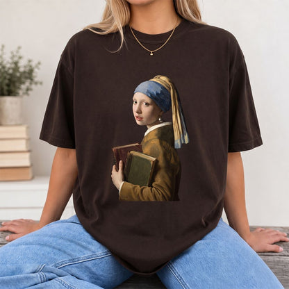 Bookish Girl with a Pearl Earring Printed T-Shirt | Reader Gift Dark Chocolate