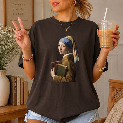 Bookish Girl with a Pearl Earring Printed T-Shirt | Reader Gift Dark Chocolate
