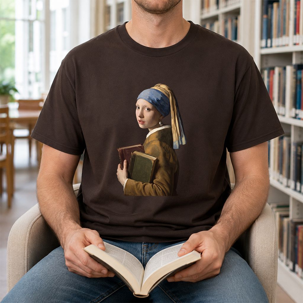 Bookish Girl with a Pearl Earring Printed T-Shirt | Reader Gift Dark Chocolate