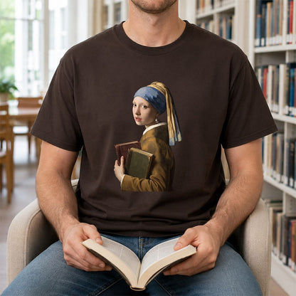 Bookish Girl with a Pearl Earring Printed T-Shirt | Reader Gift Dark Chocolate