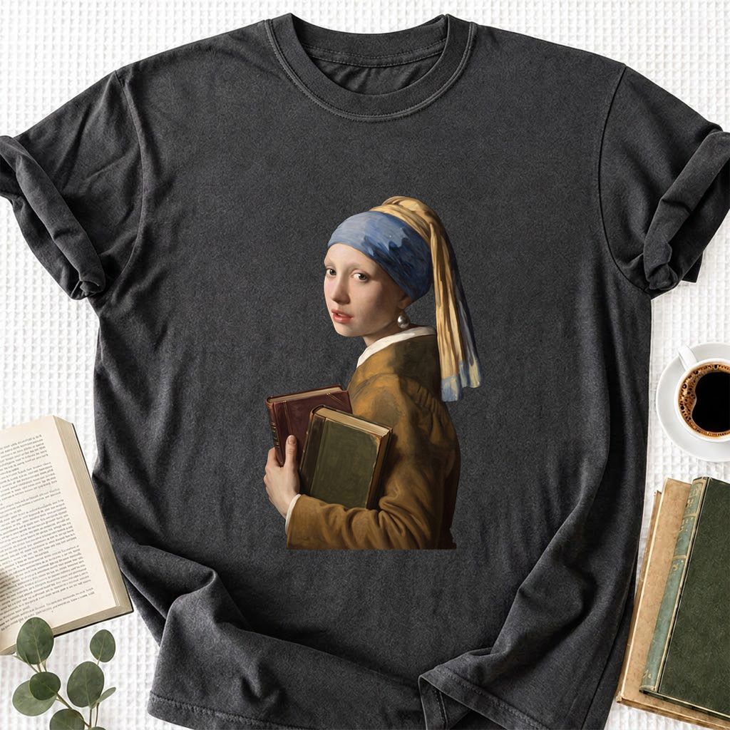 Bookish Girl with a Pearl Earring Printed T-Shirt | Reader Gift Dark Heather