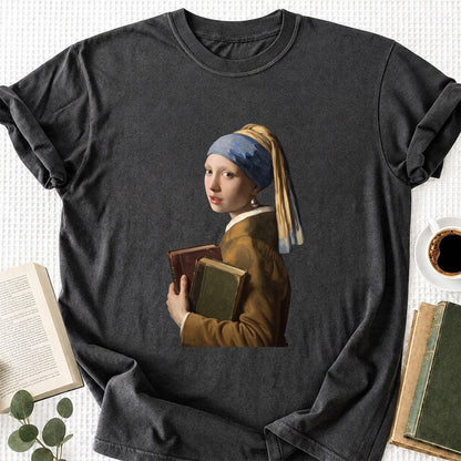 Bookish Girl with a Pearl Earring Printed T-Shirt | Reader Gift Dark Heather