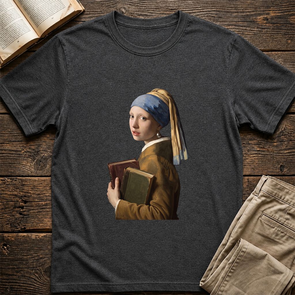 Bookish Girl with a Pearl Earring Printed T-Shirt | Reader Gift Dark Heather