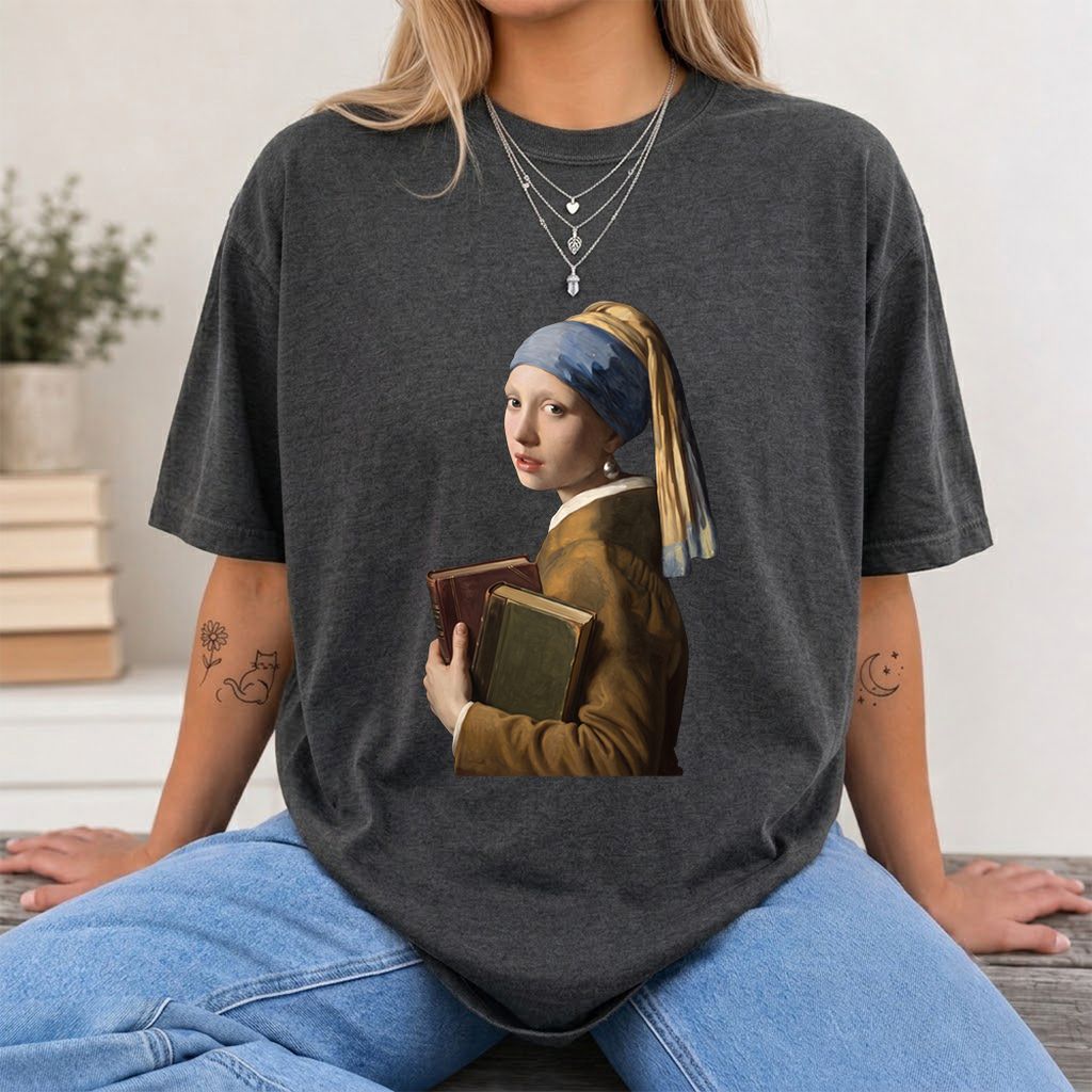 Bookish Girl with a Pearl Earring Printed T-Shirt | Reader Gift Dark Heather