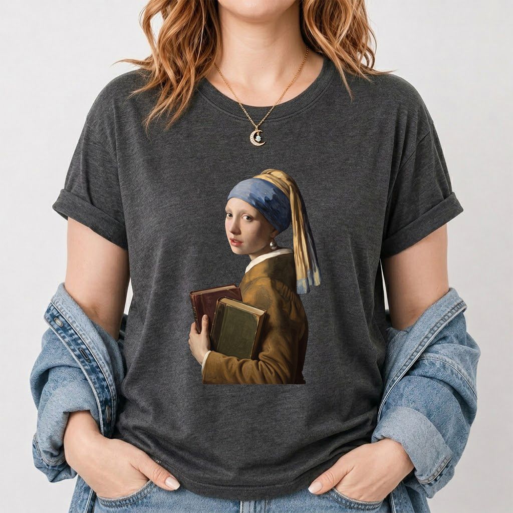 Bookish Girl with a Pearl Earring Printed T-Shirt | Reader Gift Dark Heather