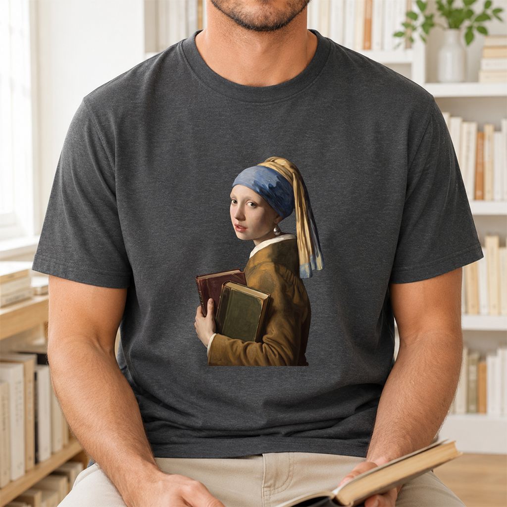 Bookish Girl with a Pearl Earring Printed T-Shirt | Reader Gift Dark Heather