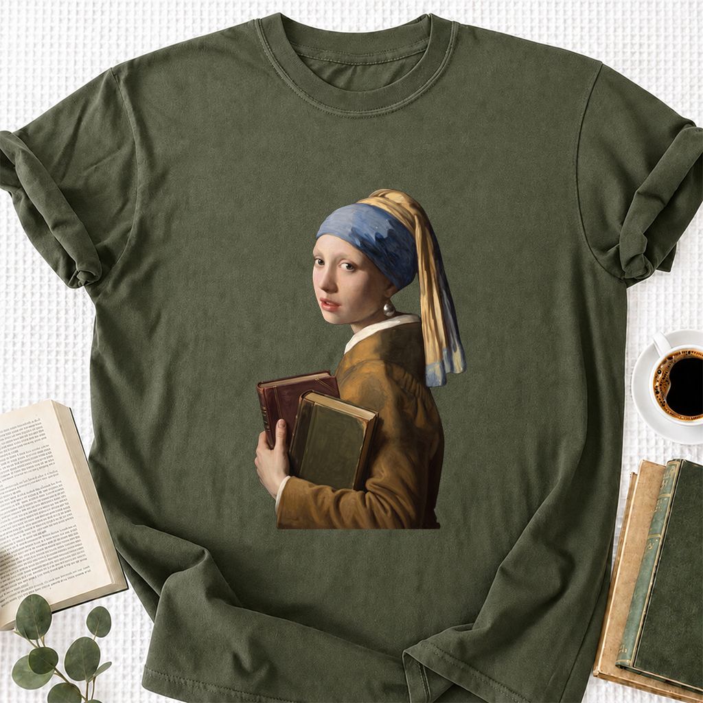 Bookish Girl with a Pearl Earring Printed T-Shirt | Reader Gift Military Green