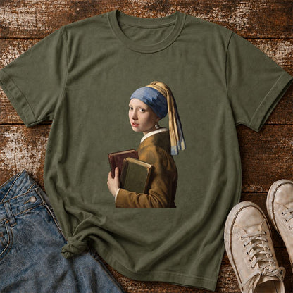 Bookish Girl with a Pearl Earring Printed T-Shirt | Reader Gift Military Green