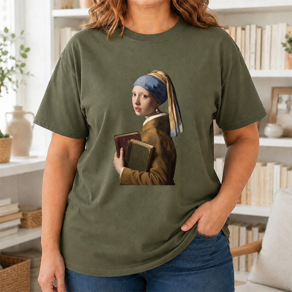 Bookish Girl with a Pearl Earring Printed T-Shirt | Reader Gift Military Green