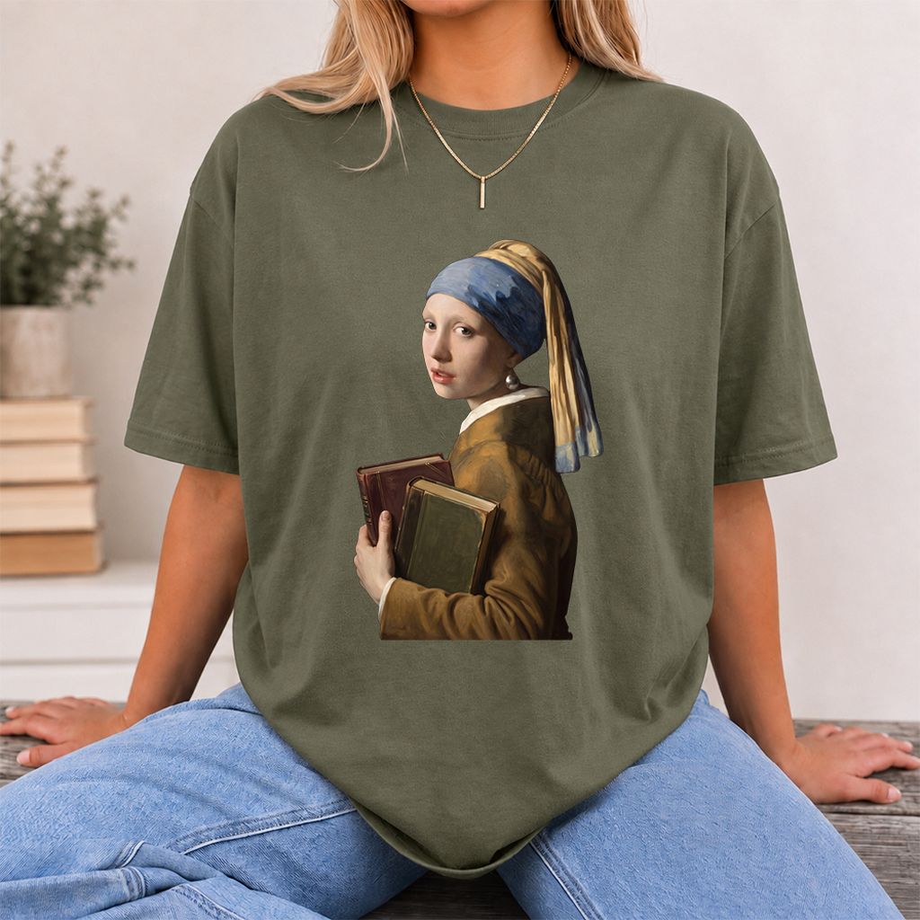 Bookish Girl with a Pearl Earring Printed T-Shirt | Reader Gift Military Green