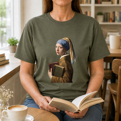 Bookish Girl with a Pearl Earring Printed T-Shirt | Reader Gift Military Green