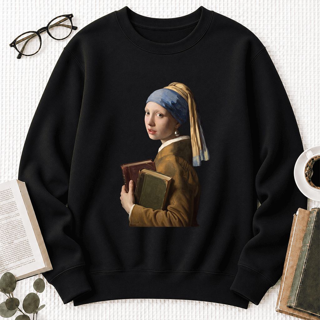 Bookish Girl with a Pearl Earring Softstyle Sweatshirt | Reader Gift Black