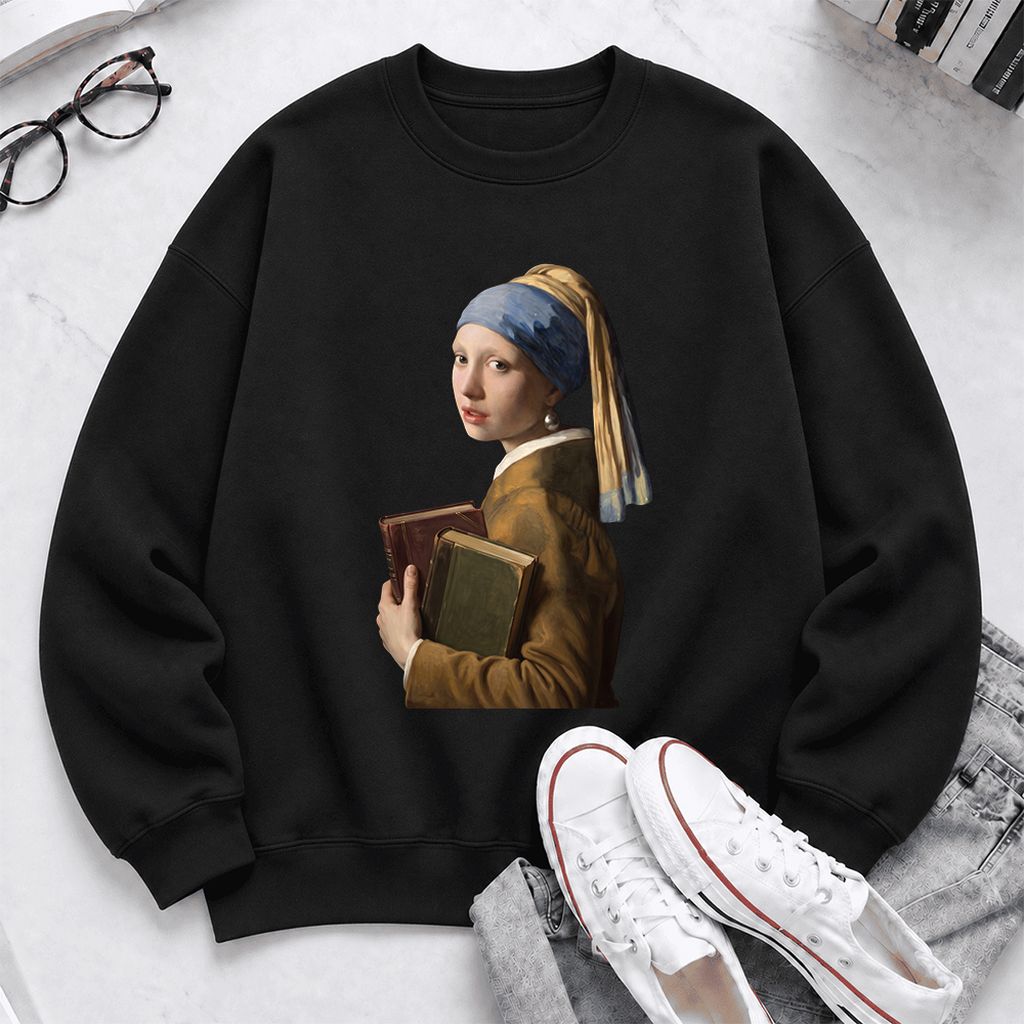 Bookish Girl with a Pearl Earring Softstyle Sweatshirt | Reader Gift Black