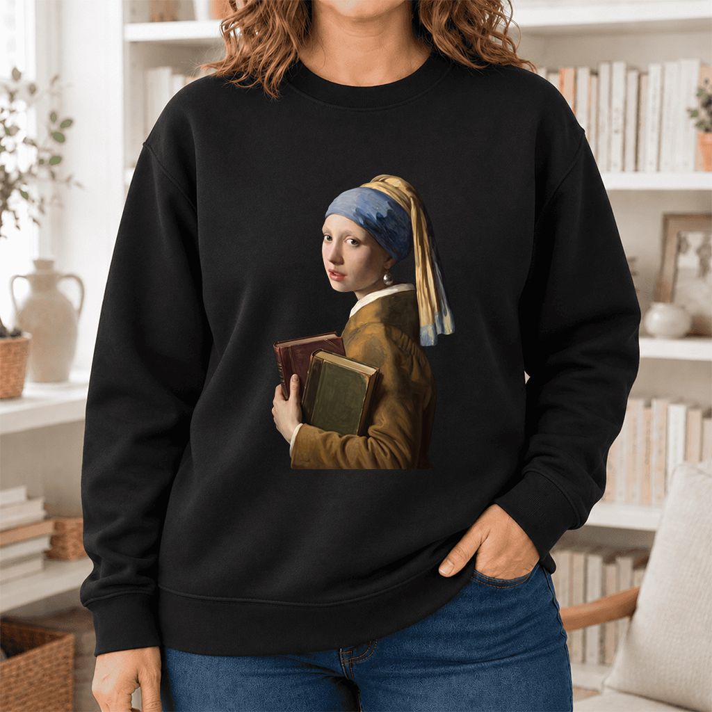 Bookish Girl with a Pearl Earring Softstyle Sweatshirt | Reader Gift Black