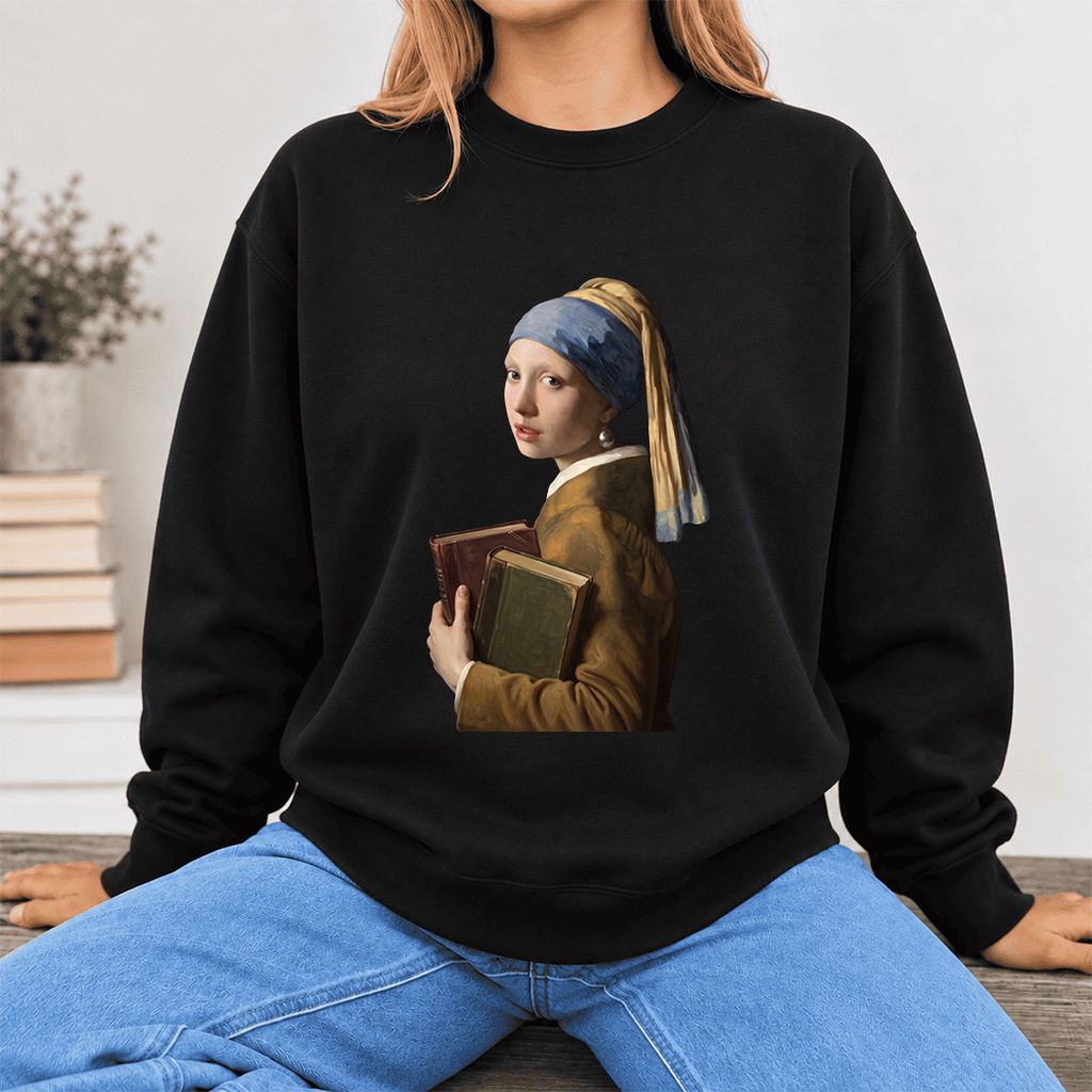 Bookish Girl with a Pearl Earring Softstyle Sweatshirt | Reader Gift Black