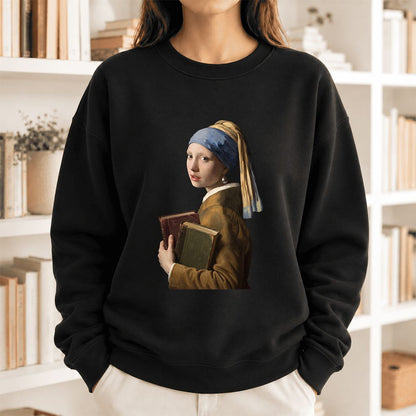 Bookish Girl with a Pearl Earring Softstyle Sweatshirt | Reader Gift Black