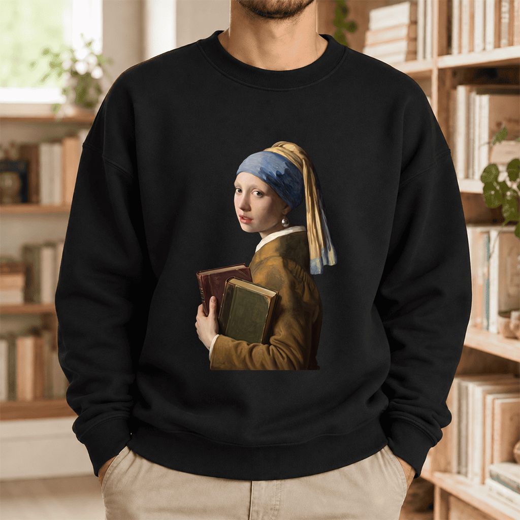 Bookish Girl with a Pearl Earring Softstyle Sweatshirt | Reader Gift Black