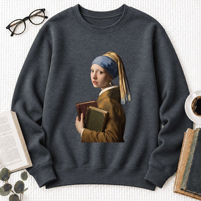 Bookish Girl with a Pearl Earring Softstyle Sweatshirt | Reader Gift Dark Heather