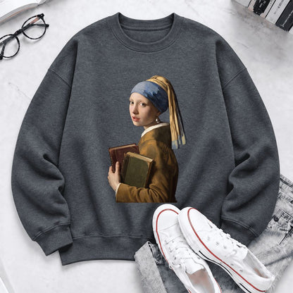 Bookish Girl with a Pearl Earring Softstyle Sweatshirt | Reader Gift Dark Heather