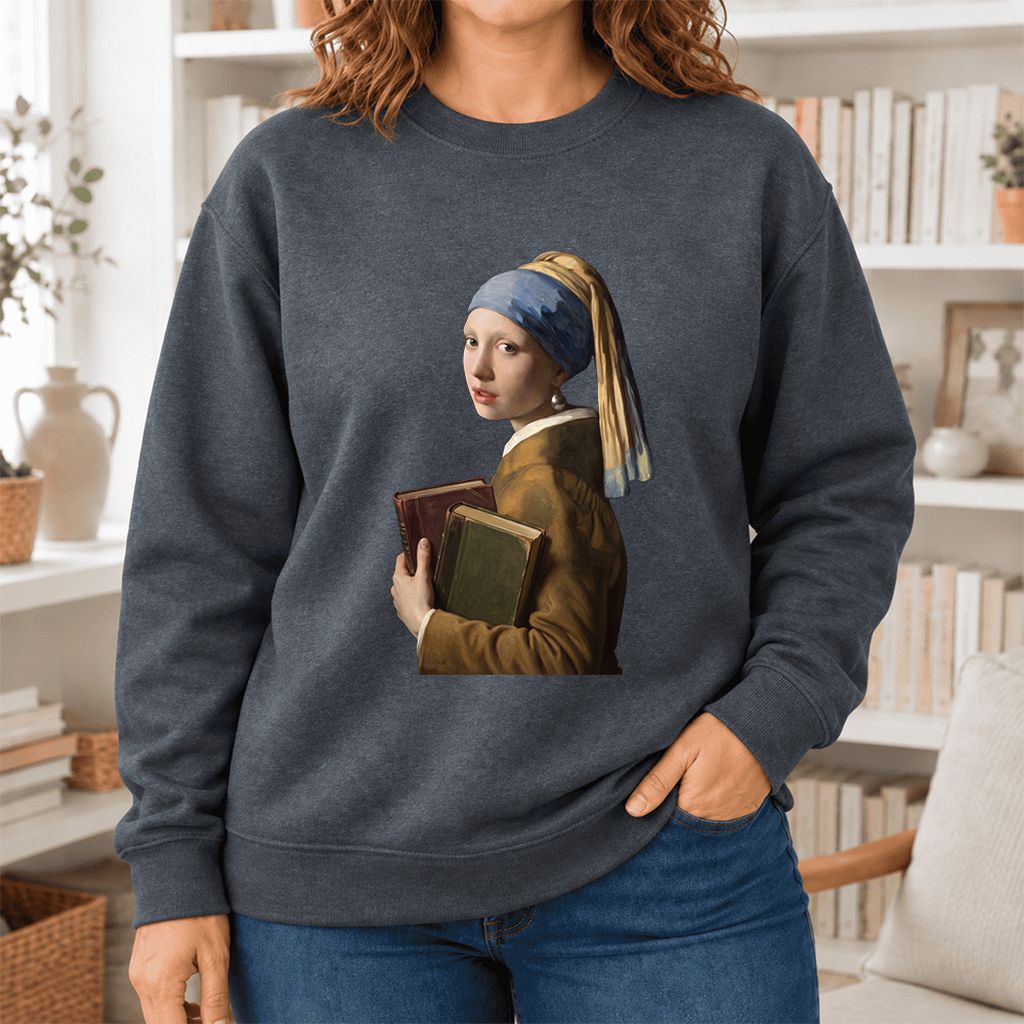 Bookish Girl with a Pearl Earring Softstyle Sweatshirt | Reader Gift Dark Heather
