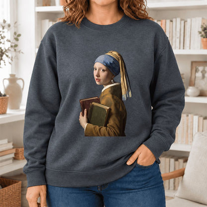 Bookish Girl with a Pearl Earring Softstyle Sweatshirt | Reader Gift Dark Heather