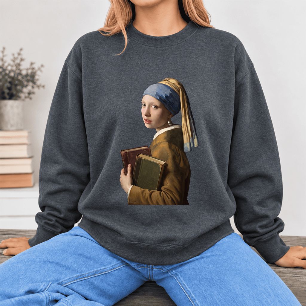 Bookish Girl with a Pearl Earring Softstyle Sweatshirt | Reader Gift Dark Heather