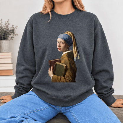 Bookish Girl with a Pearl Earring Softstyle Sweatshirt | Reader Gift Dark Heather