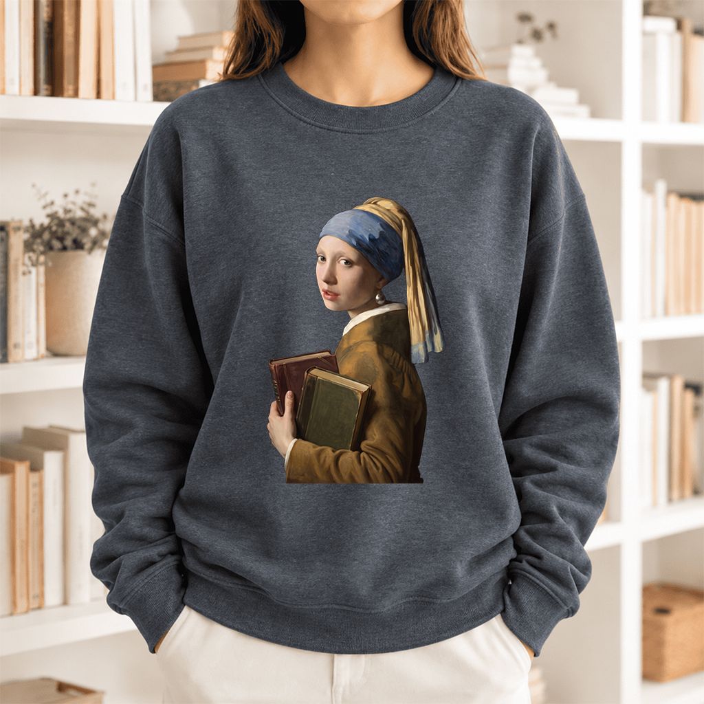 Bookish Girl with a Pearl Earring Softstyle Sweatshirt | Reader Gift Dark Heather