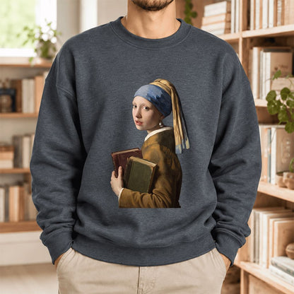 Bookish Girl with a Pearl Earring Softstyle Sweatshirt | Reader Gift Dark Heather