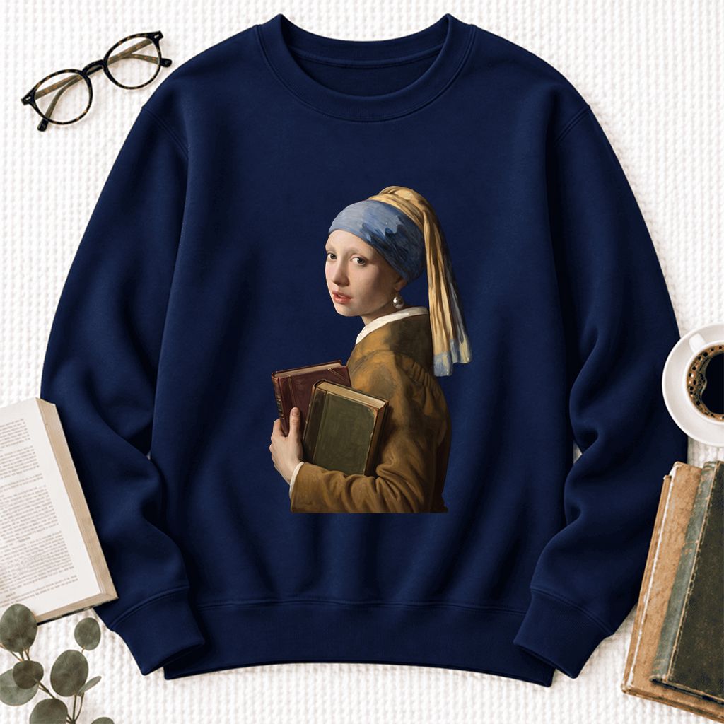 Bookish Girl with a Pearl Earring Softstyle Sweatshirt | Reader Gift Navy