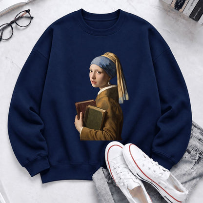 Bookish Girl with a Pearl Earring Softstyle Sweatshirt | Reader Gift Navy