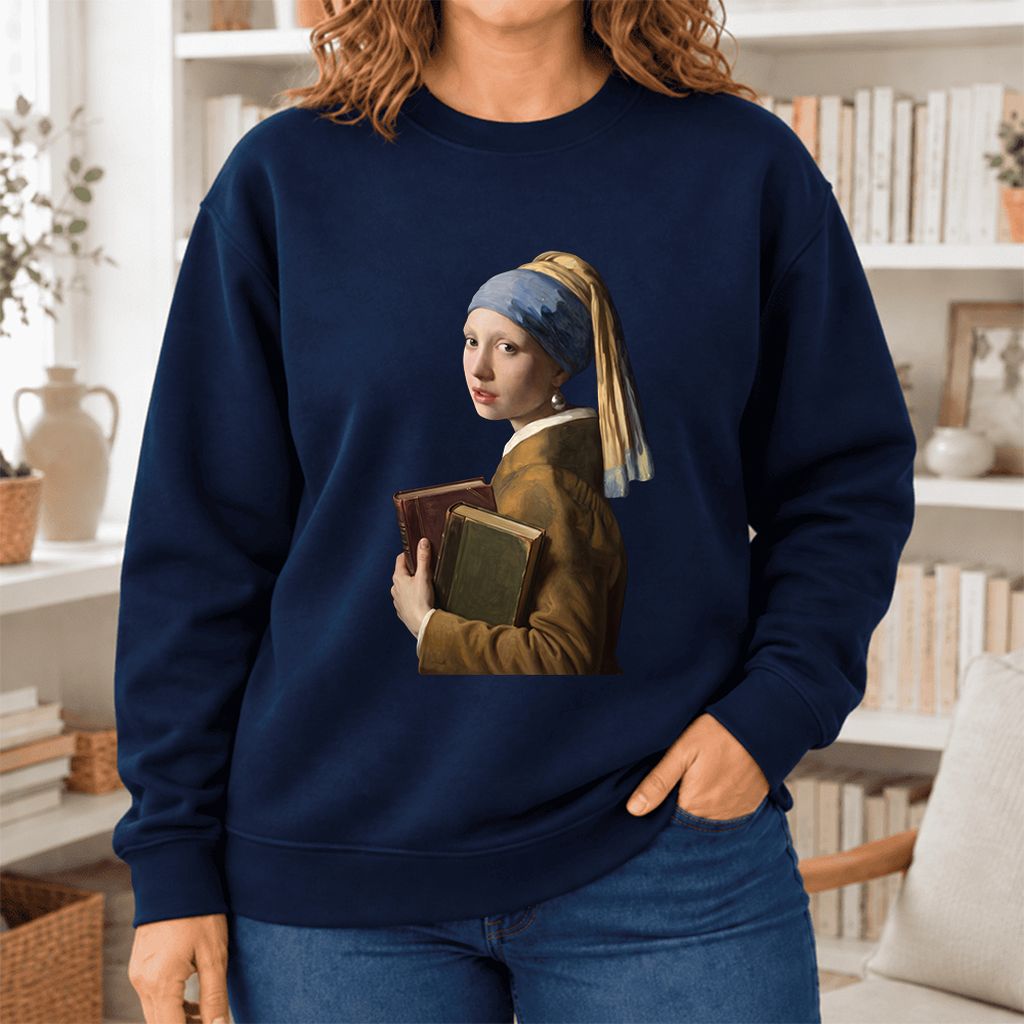 Bookish Girl with a Pearl Earring Softstyle Sweatshirt | Reader Gift Navy