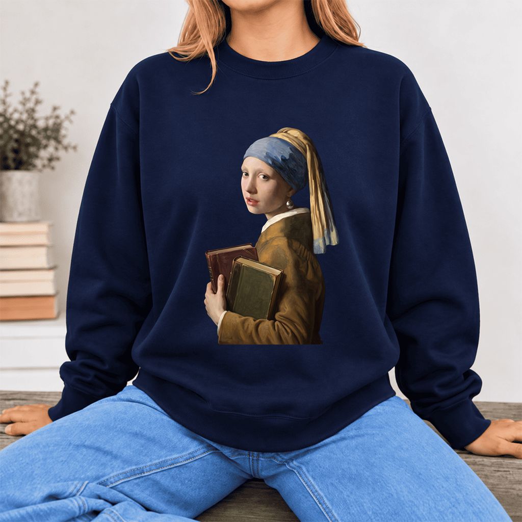 Bookish Girl with a Pearl Earring Softstyle Sweatshirt | Reader Gift Navy