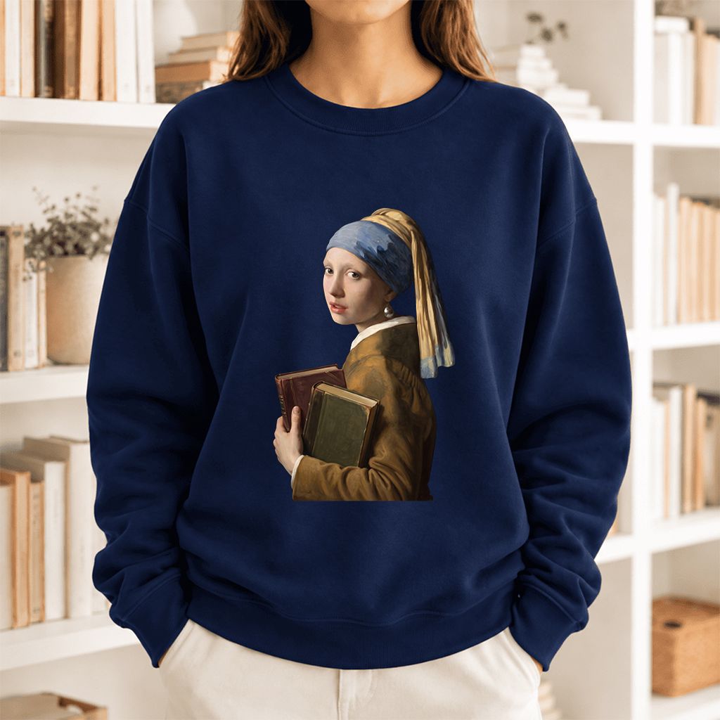 Bookish Girl with a Pearl Earring Softstyle Sweatshirt | Reader Gift Navy