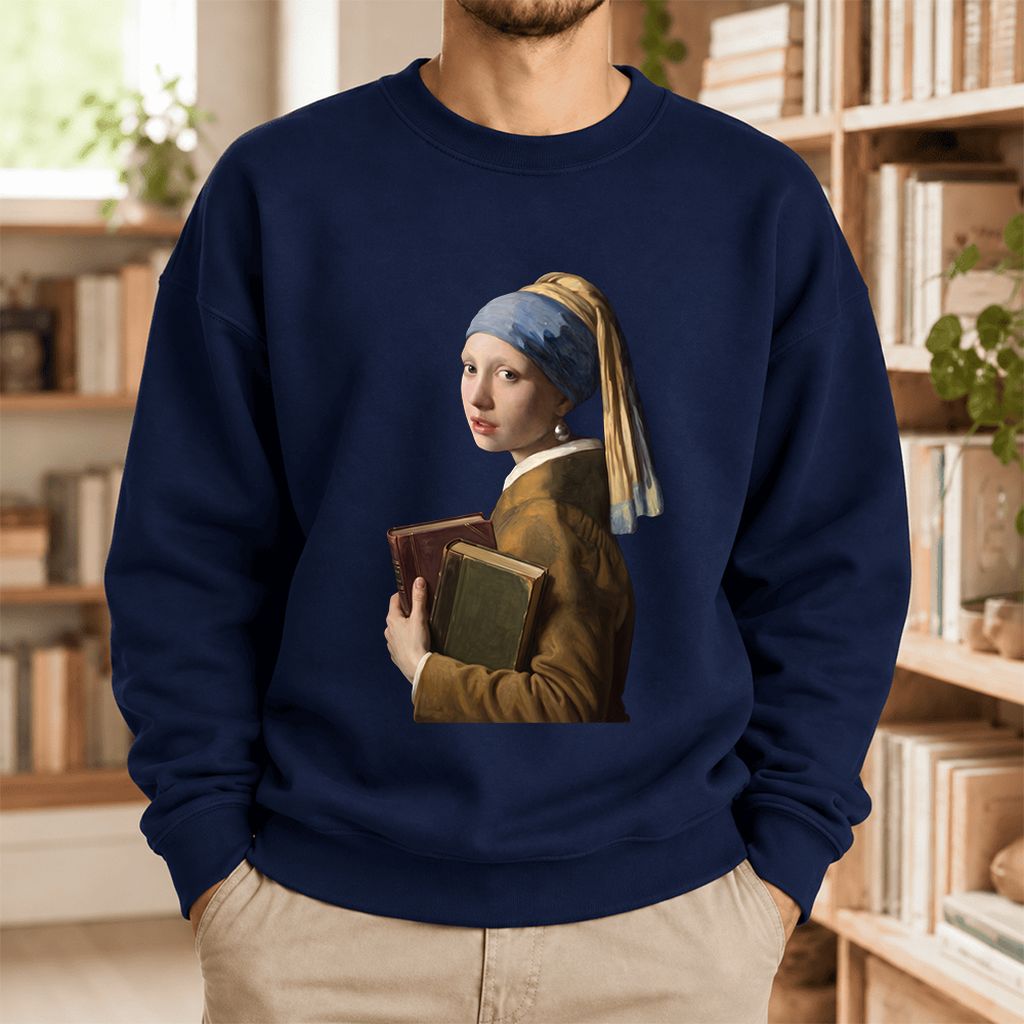 Bookish Girl with a Pearl Earring Softstyle Sweatshirt | Reader Gift Navy