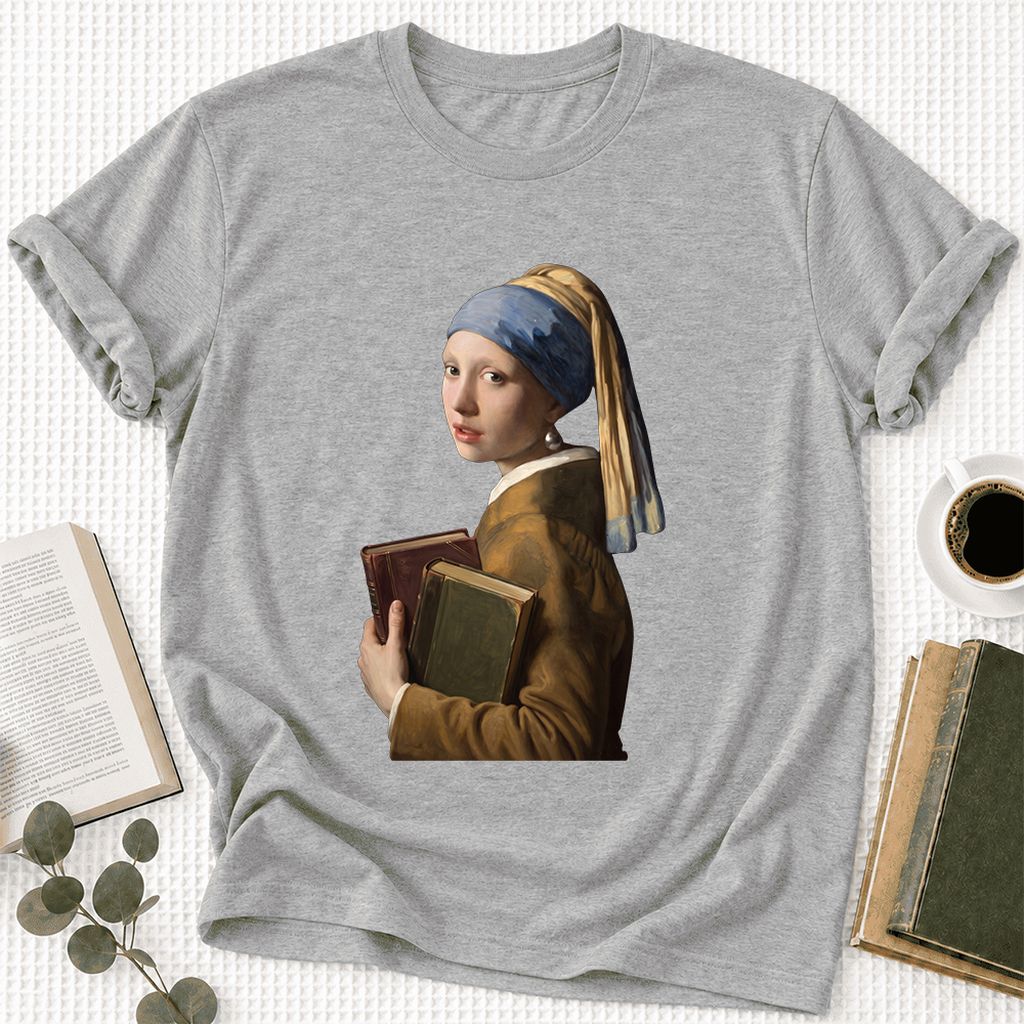Bookish Girl with a Pearl Earring Ultra-Soft Cotton T-Shirt | Reader Gift Athletic Heather