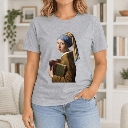 Bookish Girl with a Pearl Earring Ultra-Soft Cotton T-Shirt | Reader Gift Athletic Heather