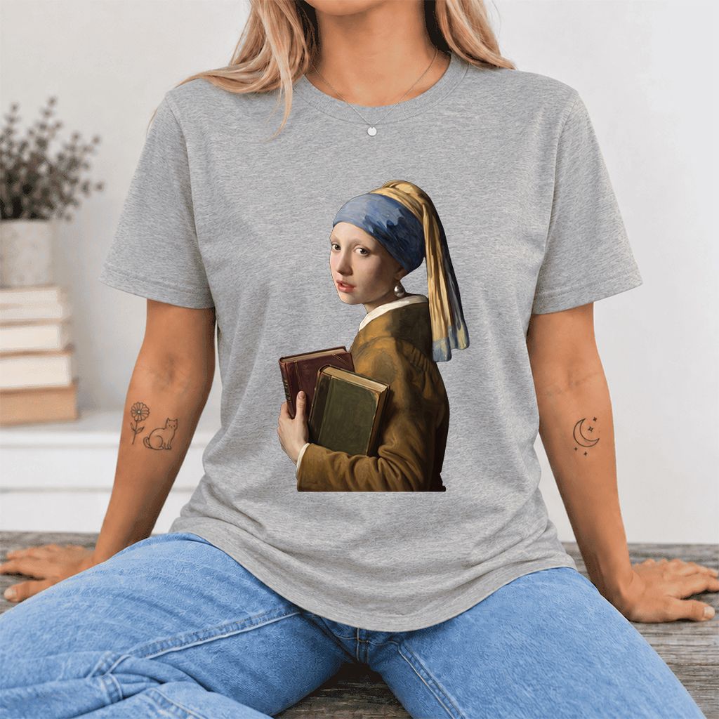 Bookish Girl with a Pearl Earring Ultra-Soft Cotton T-Shirt | Reader Gift Athletic Heather