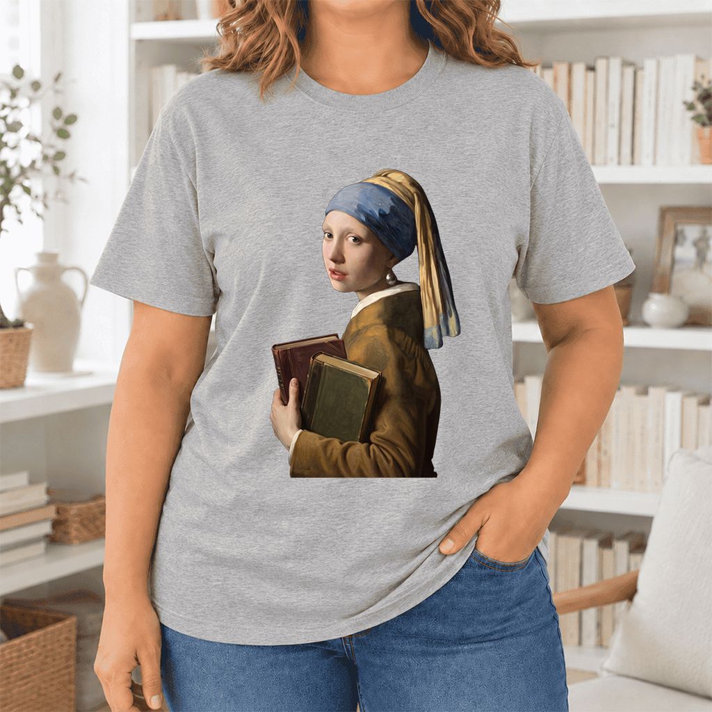 Bookish Girl with a Pearl Earring Ultra-Soft Cotton T-Shirt | Reader Gift Athletic Heather