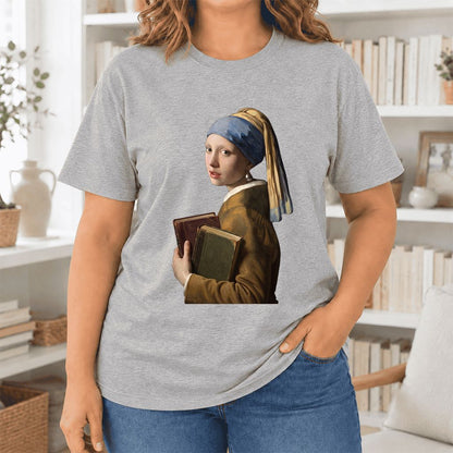 Bookish Girl with a Pearl Earring Ultra-Soft Cotton T-Shirt | Reader Gift Athletic Heather