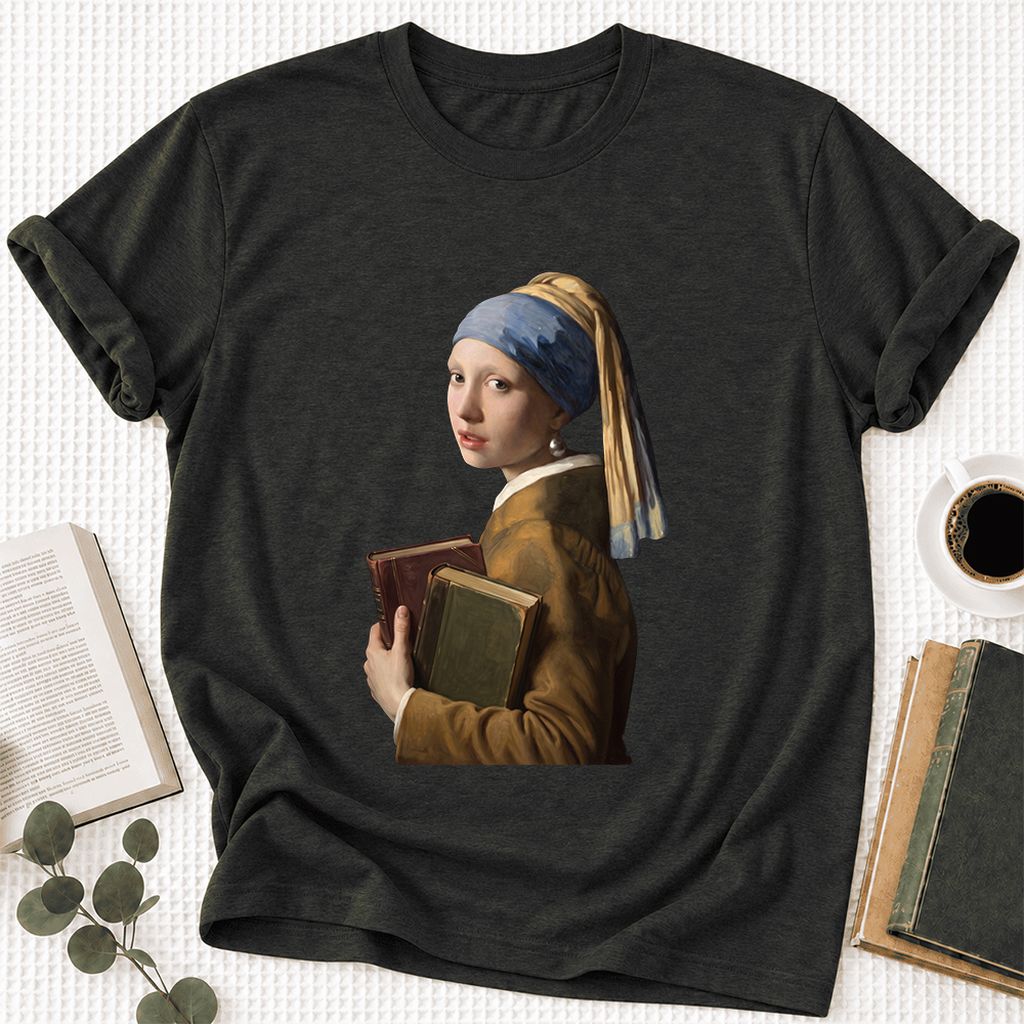 Bookish Girl with a Pearl Earring Ultra-Soft Cotton T-Shirt | Reader Gift Black Heather