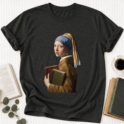 Bookish Girl with a Pearl Earring Ultra-Soft Cotton T-Shirt | Reader Gift Black Heather