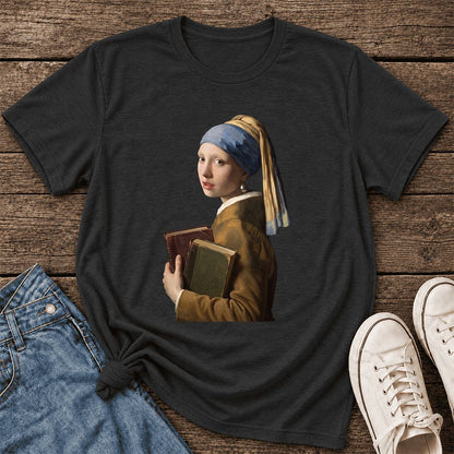 Bookish Girl with a Pearl Earring Ultra-Soft Cotton T-Shirt | Reader Gift Black Heather