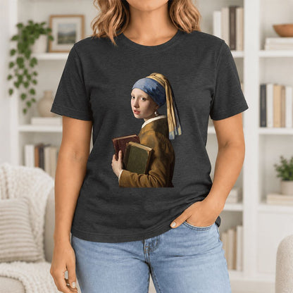 Bookish Girl with a Pearl Earring Ultra-Soft Cotton T-Shirt | Reader Gift Black Heather