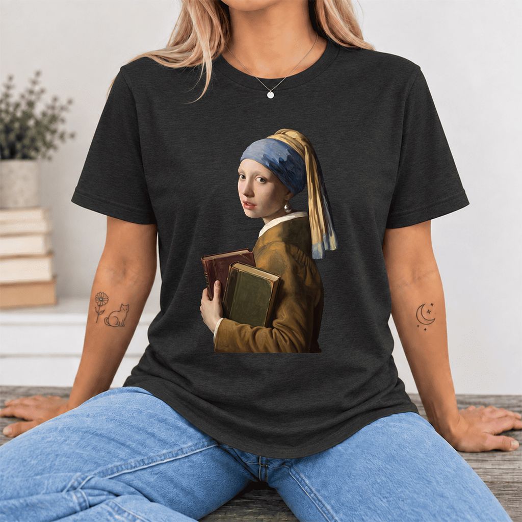 Bookish Girl with a Pearl Earring Ultra-Soft Cotton T-Shirt | Reader Gift Black Heather