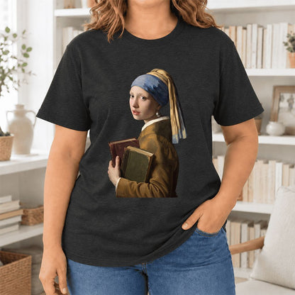 Bookish Girl with a Pearl Earring Ultra-Soft Cotton T-Shirt | Reader Gift Black Heather