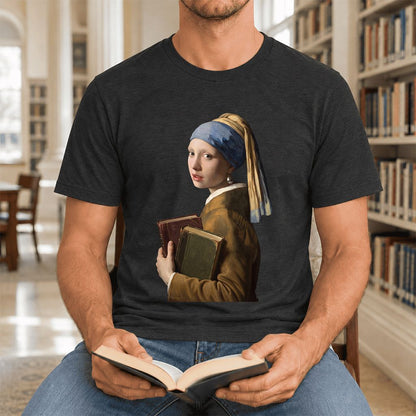 Bookish Girl with a Pearl Earring Ultra-Soft Cotton T-Shirt | Reader Gift Black Heather