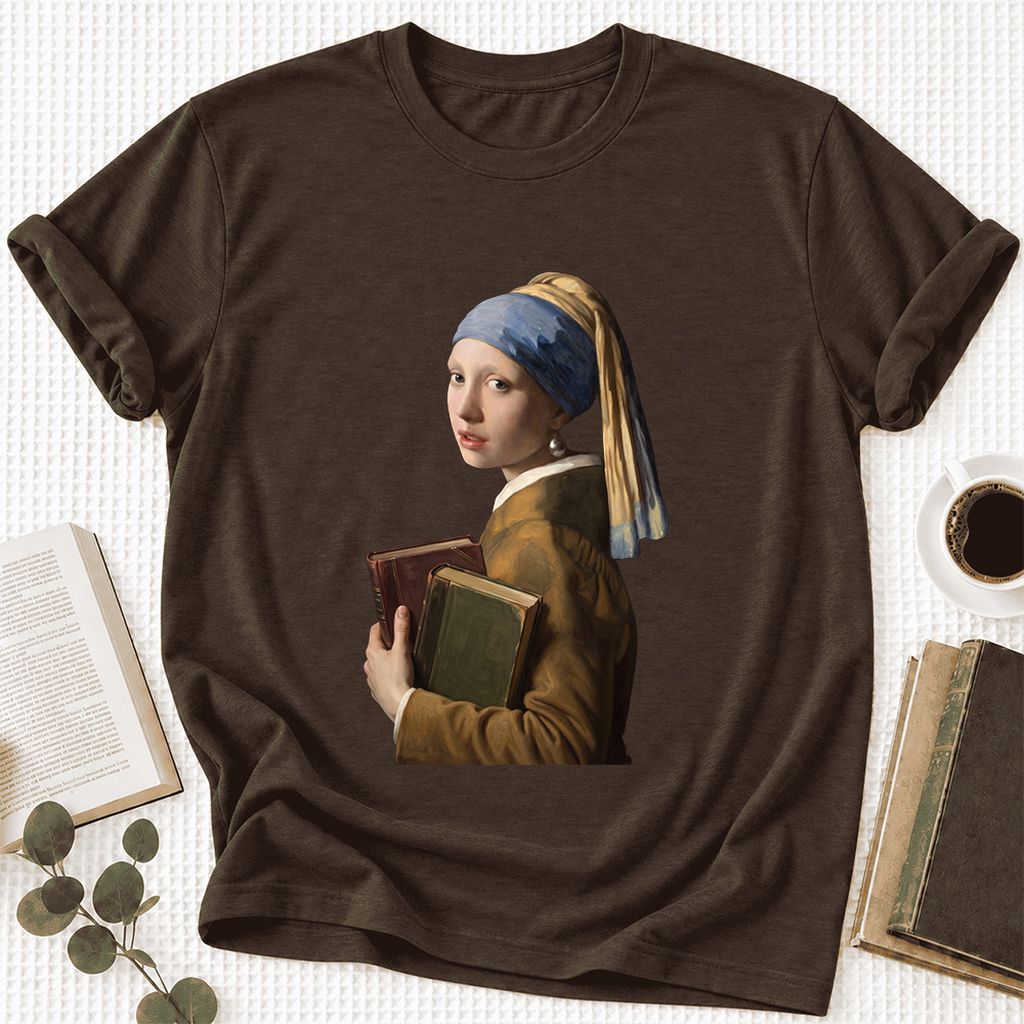 Bookish Girl with a Pearl Earring Ultra-Soft Cotton T-Shirt | Reader Gift Brown